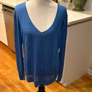 Theory Women's Blue Linen V-Neck Sweater, Sz L